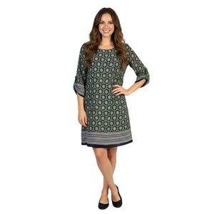 Point Womens Tunic‎ Dress Navy Floral Medallion 3/4 Roll Tab Sleeve Boho Mini